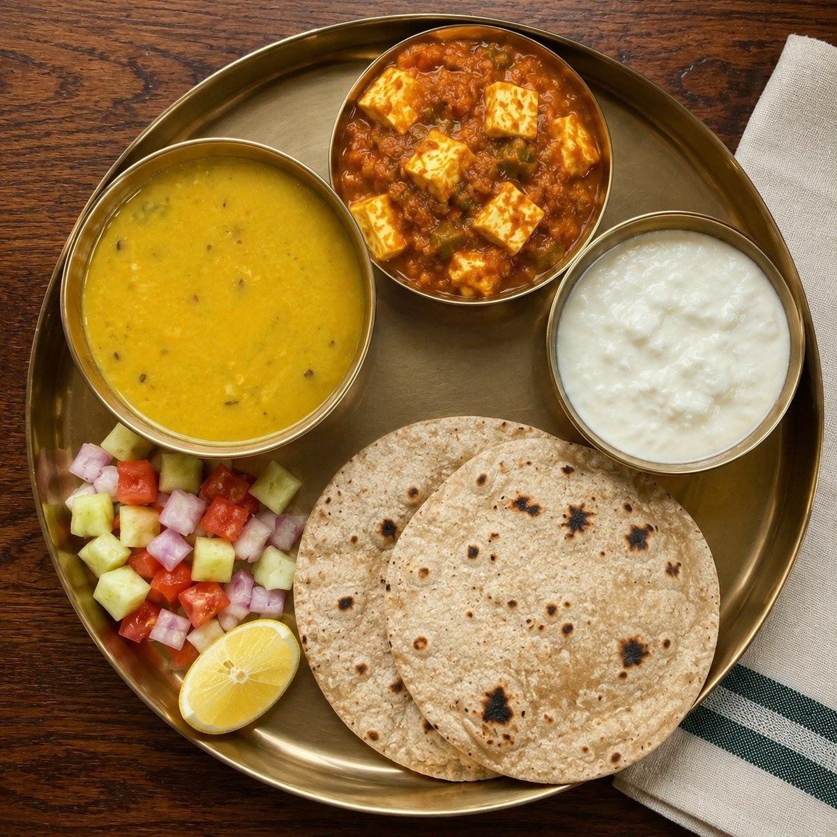 Top-down photo of a home-cooked Indian thali with dal, paneer sabzi, curd, roti and kachumber salad