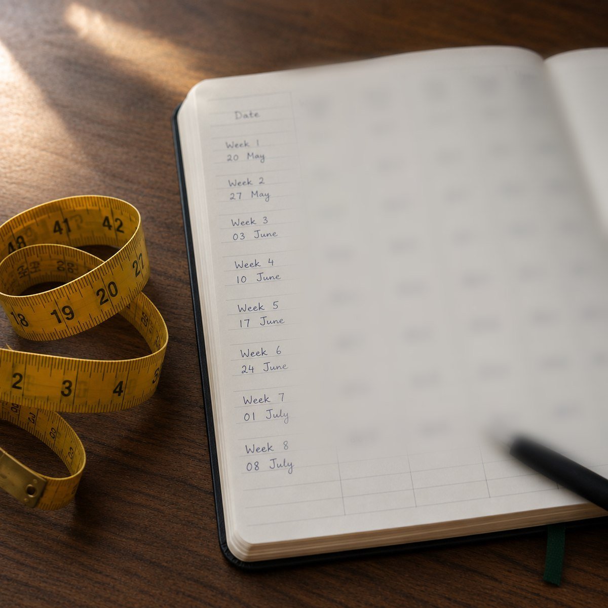 A measuring tape coiled beside an open notebook with a handwritten measurement log