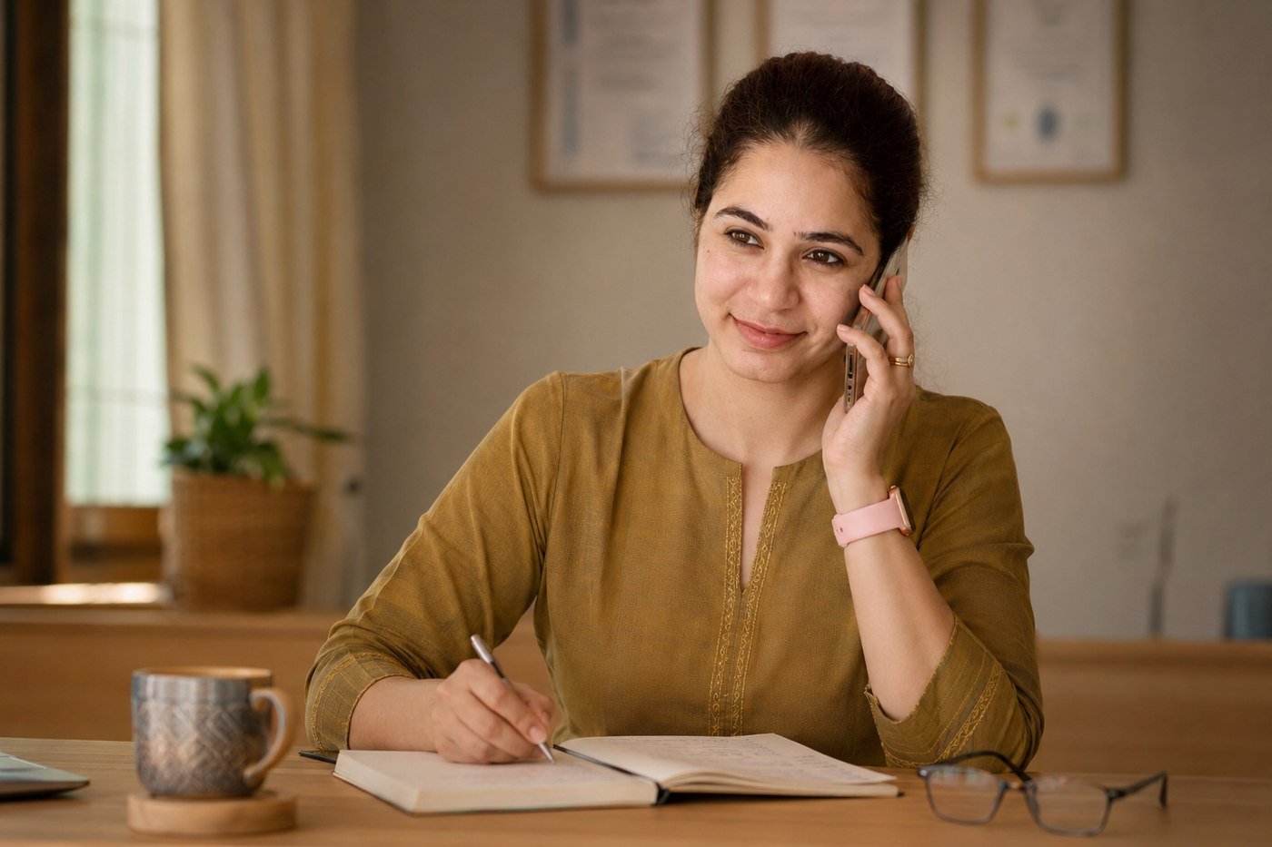 Amar mid-call with a client, taking notes at her desk