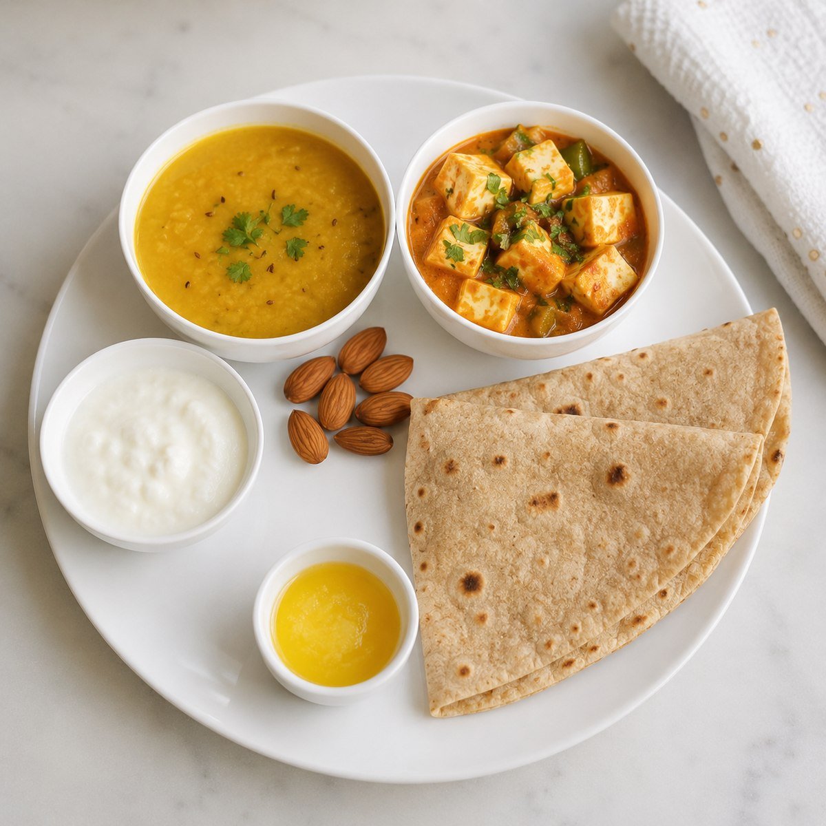 Top-down photo of a nourishing home-cooked Indian thali with dal, paneer, curd, roti, almonds and ghee