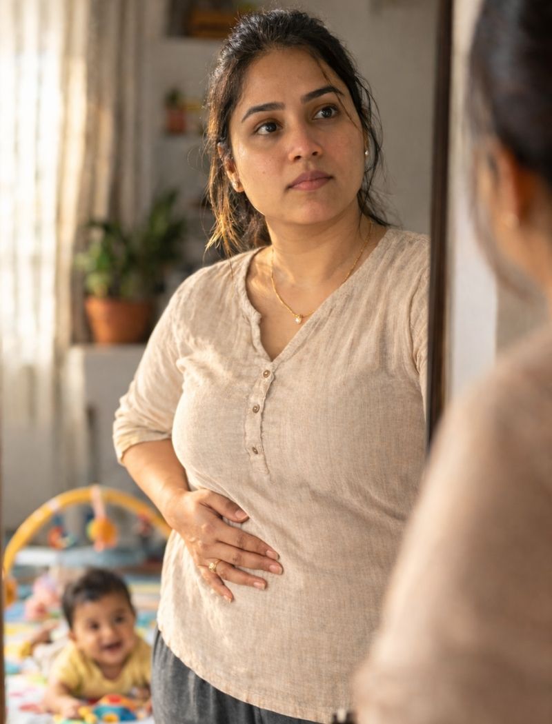Indian postpartum mom at home with baby